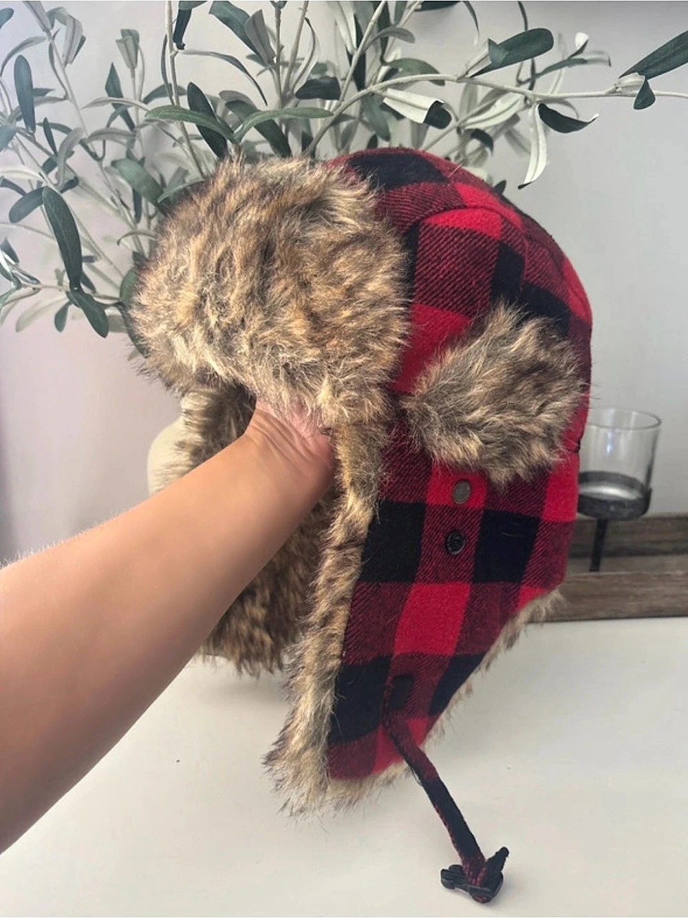Dakota Dan Red Buffalo Plaid Faux Fur Trapper Hat